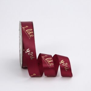 Лента атласная "I like you" 2,5см*35ярд, винный