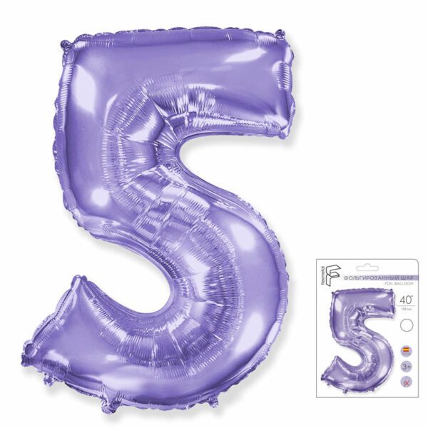 И 40 Цифра "5" сиреневый  в упаковке/ Five / 1 шт /, Фольгированный шар