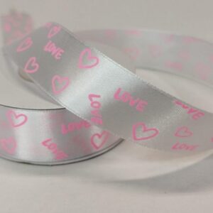 Лента атласная с принтом "Love", 25mmх25yards, цв. белый с розовым