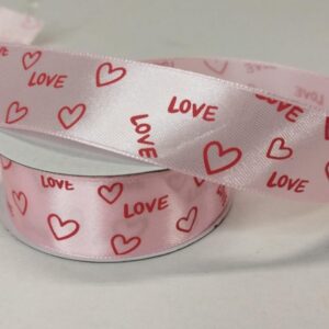 Лента атласная с принтом "Love", 25mmх25yards, цв. светло-розовый с винным