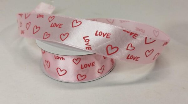 Лента атласная с принтом "Love", 25mmх25yards, цв. светло-розовый с винным