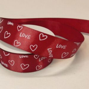 Лента атласная с принтом "Love", 25mmх25yards, цв. красный с белым