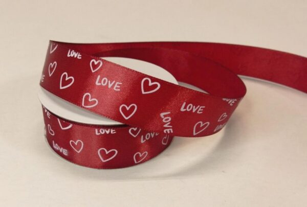 Лента атласная с принтом "Love", 25mmх25yards, цв. красный с белым