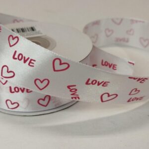 Лента атласная с принтом "Love", 25mmх25yards, цв. белый с винным