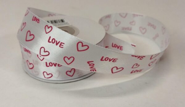 Лента атласная с принтом "Love", 25mmх25yards, цв. белый с винным